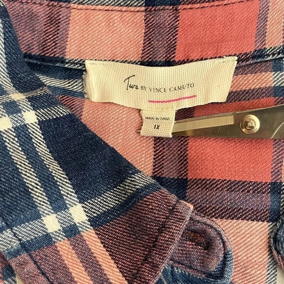 Two by Vince Camuto | Plaid Shirt Roll Tab Sleeve Flannel Button Up - Picture 6 of 7